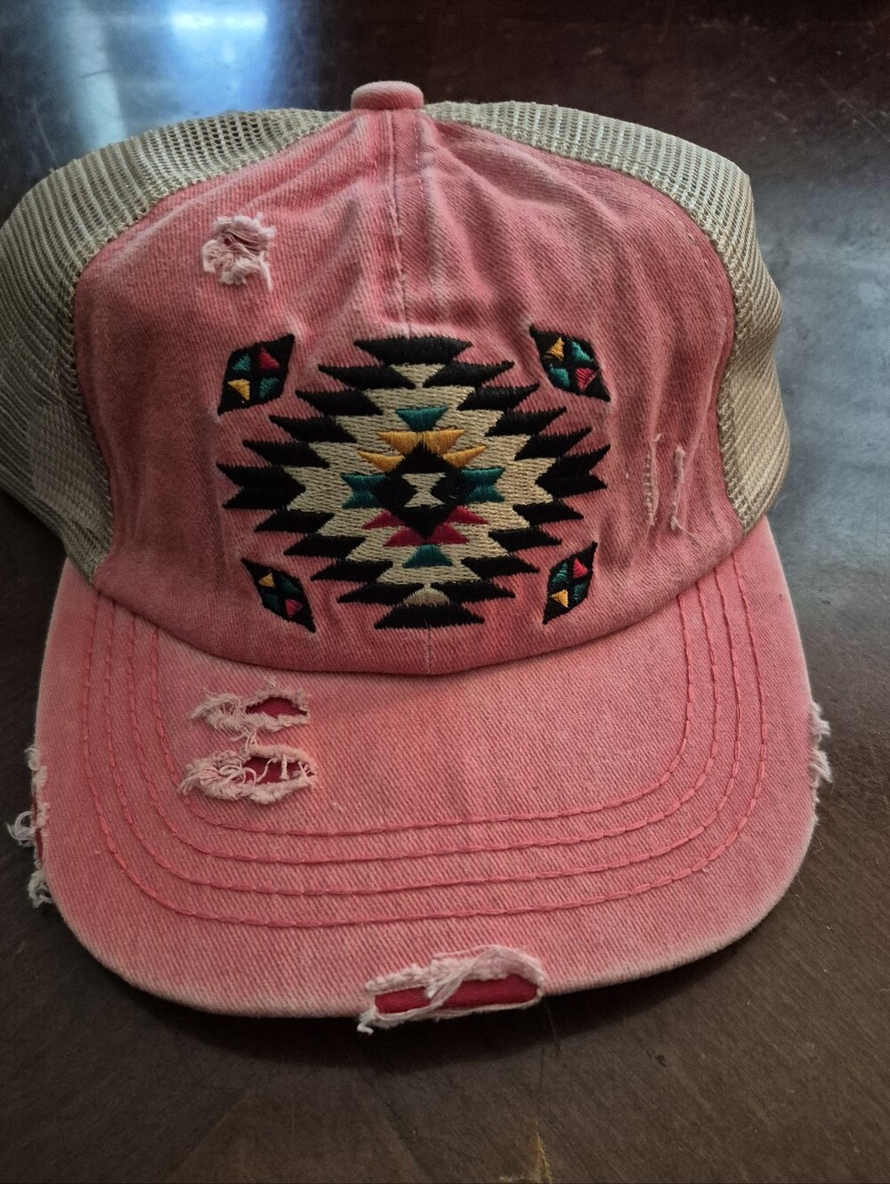 Distressed Pink Aztec Embroidered Ponytail Cap